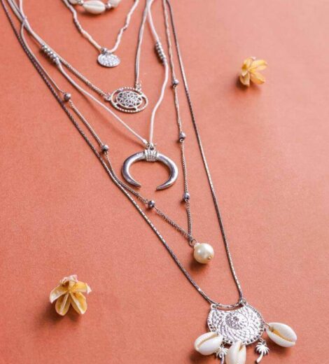 Silver Beads White Pearl Gibbous Cowrie Shell Necklace