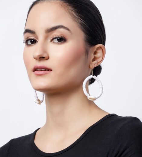 Flower Sequence and Cowrie Shell White Hoop Earrings